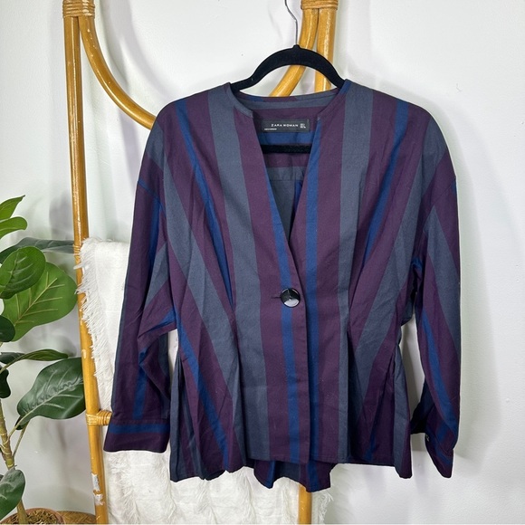 Zara Purple Gray and Blue Striped Shirt Jacket sz L - Picture 2 of 8